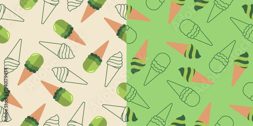 ice cream seamless pattern. ice cream vector illustration. ice cream seamless pattern background. matcha ice cream seamless pattern background. green tea ice cream illustration