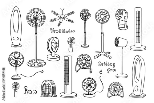 Hand drawn set of different types of electric fans. Electric fan, cooling, ventilation, appliance, ventilator, stand fan, desk fan, tower fan, ceiling fan
