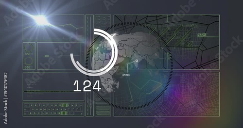 Dotted globe rotating clockwise, activating HUD, filling ring and counting up or down, showing metri