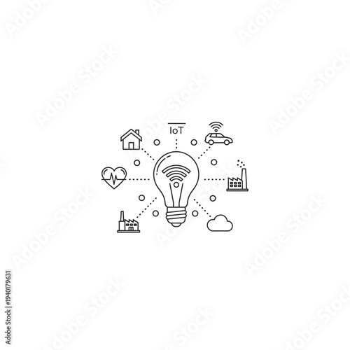 Black and white light bulb icon with various symbols around it