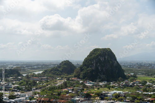 anoramic view of Marble Mountains and Da Nang city skyline in Vietnam