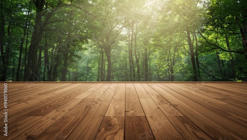 View of a wooden floor and a sunlit green forest