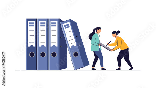 Two professional women collaborating and organizing large blue document folders in a modern office setting.