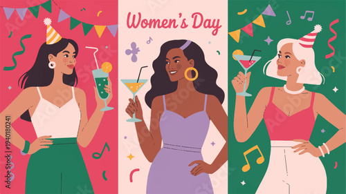 Three women celebrating women's day with colorful drinks and party decorations