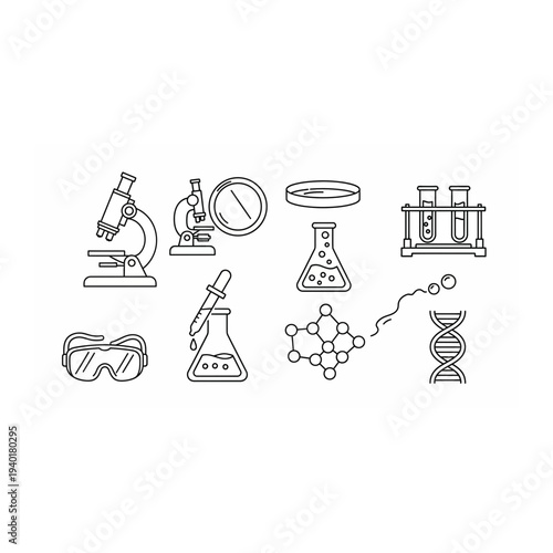 A collection of science laboratory equipment and tools icons in line art style