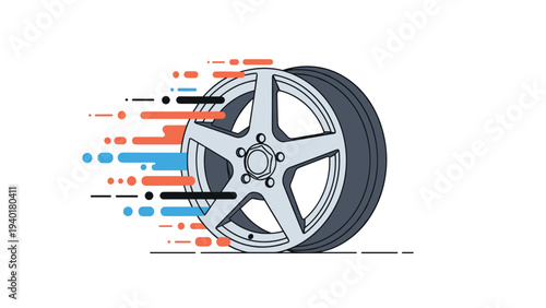 Dynamic illustration of a car wheel and tire with colorful speed lines suggesting fast motion and rotation.
