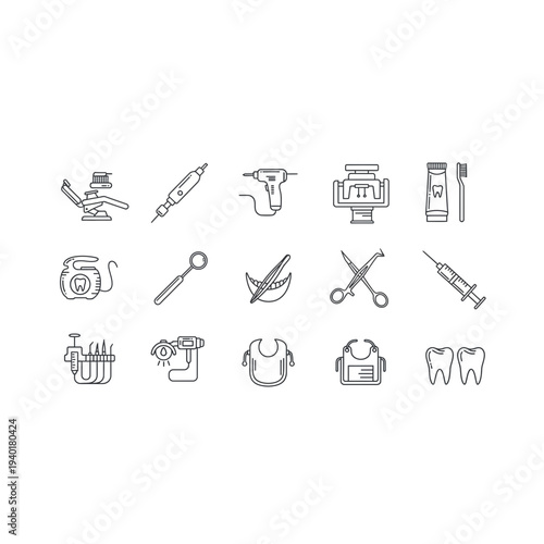 Collection of various tools and objects in black and white icons