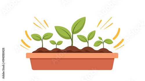 Group of young green plants or seedlings growing in a long terracotta planter box with bright energy lines.