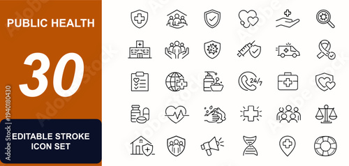 Public health web icons in line style. Hospital shield, community care, prevention safety, clinic support, hygiene campaign, emergency rescue. Editable stroke. Vector illustration.