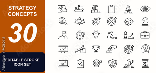 Strategy concepts web icons in line style. Puzzle, roadmap, leadership, planning, startup, analysis, teamwork, target, execution set. Editable stroke. Vector illustration.