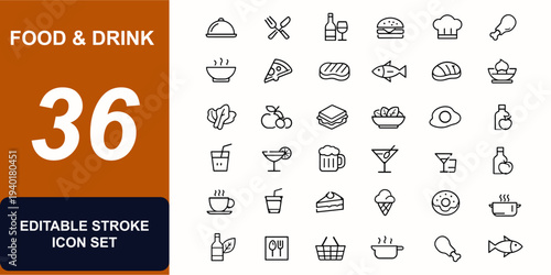 Food and drink web icons in line style. Restaurant menu, cooking kitchen, beverage bottle, organic cuisine, healthy snack, chef hat set. Editable stroke. Vector illustration.