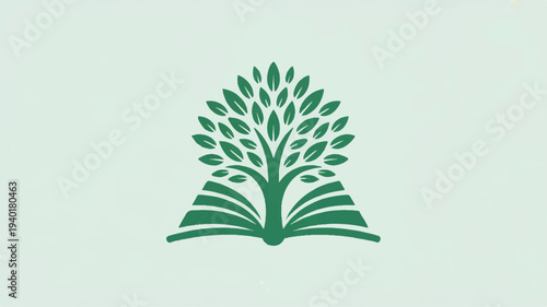 Green tree emerging from open book on light background symbolizing knowledge and growth in education