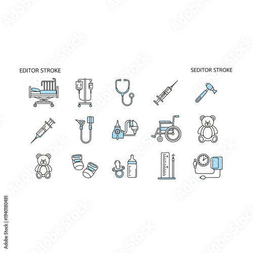 Medical icons set including stethoscope, syringe, and hospital equipment