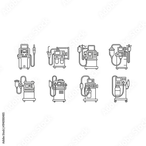 Collection of eight black and white line drawings of various machines and devices in different views