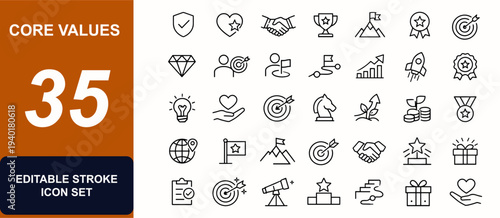 Core values web icons in line style. Integrity, loyalty, trust, excellence, commitment, mission, growth, target, handshake, diamond, reward. Editable stroke. Vector illustration.