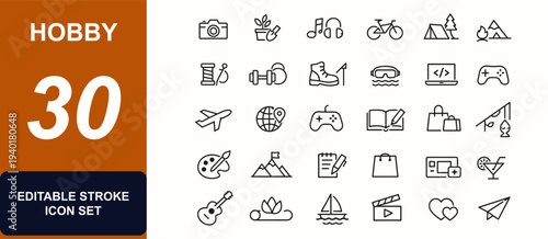 Hobby web icons in line style. Camera, gardening, music, bike, camping, craft, fitness, hiking, swimming, programming, travel, leisure symbols. Editable stroke. Vector illustration.