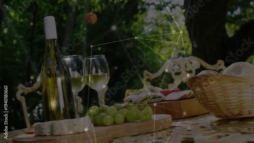 Picnic table staying still as camera shifting and network overlay highlighting wine for branding