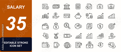 Salary web icons in line style. Payroll, cash, banking, tax, profit chart, credit, savings, payment arrow, budget, finance growth. Editable stroke. Vector illustration.