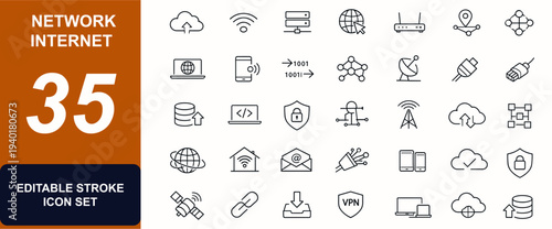 Network internet web icons in line style. Cloud server, wireless router, broadband access, digital data, telecom hub, global connection set. Editable stroke. Vector illustration.