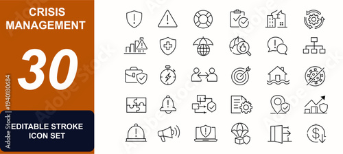 Crisis management web icons in line style. Emergency response, continuity planning, disaster recovery, safety shield, risk analysis, cooperation, alert. Editable stroke. Vector illustration.