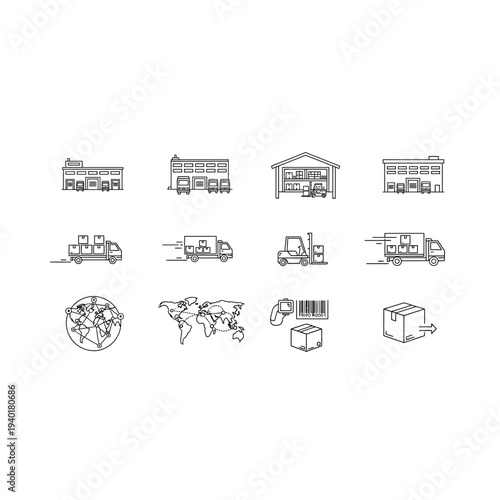 Collection of various black and white line drawing icons