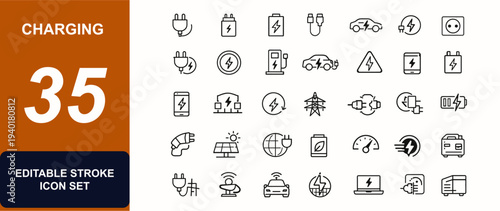 Charging web icons in line style. Adapter, battery, electric vehicle, socket, wireless charger, energy station, mobile device, voltage, grid. Editable stroke. Vector illustration.