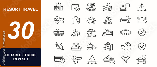 Resort travel web icons in line style. Hotel booking, beach spa, island vacation, tourism map, reception, sailing, ski, luxury wellness set. Editable stroke. Vector illustration.