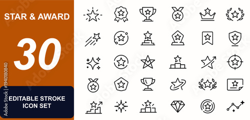 Star web icons in line style set. Badge, trophy, medal, award, victory, galaxy, celestial, decoration, constellation, brilliance icons. Editable stroke. Vector illustration.