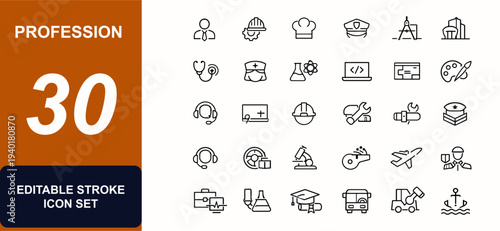Profession web icons in line style. Worker, engineer, chef, police, architect, programmer, business, office, avatar, employment. Editable stroke. Vector illustration.