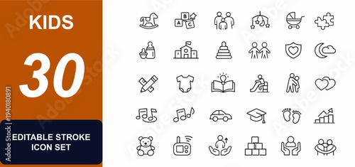 Kids web icons in line style. Nursery, parenthood, toddler, sibling, babycare, education, play, smile, outfit, protection. Editable stroke. Vector illustration.