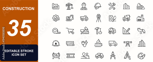Construction web icons in line style. Blueprint, crane, contractor, helmet, tools, civil engineering, machinery, renovation, architecture, industry set. Editable stroke. Vector illustration.