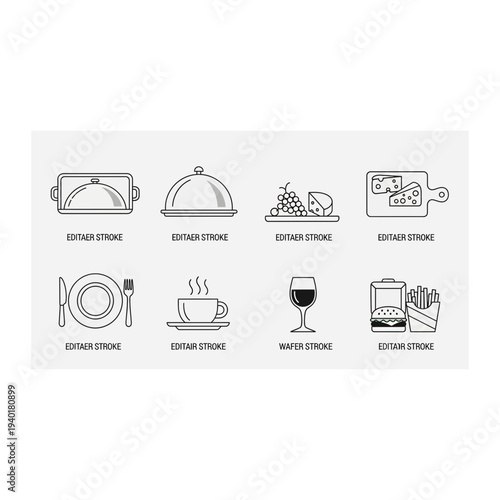 A collection of eight black and white restaurant icons