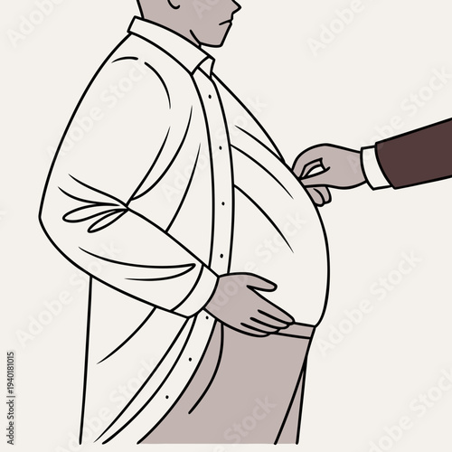 Man struggling with tight shirt due to weight gain.