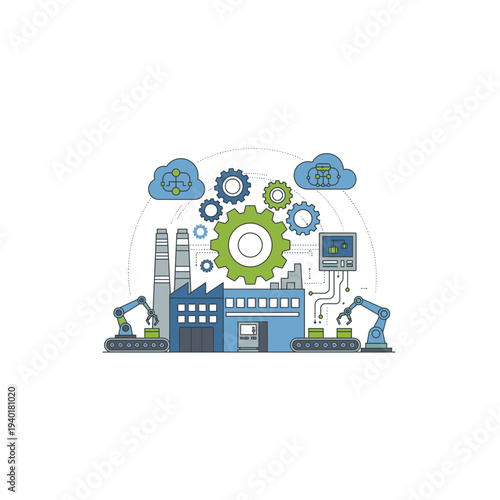A blue factory building with green gear and clock on with clouds and computer