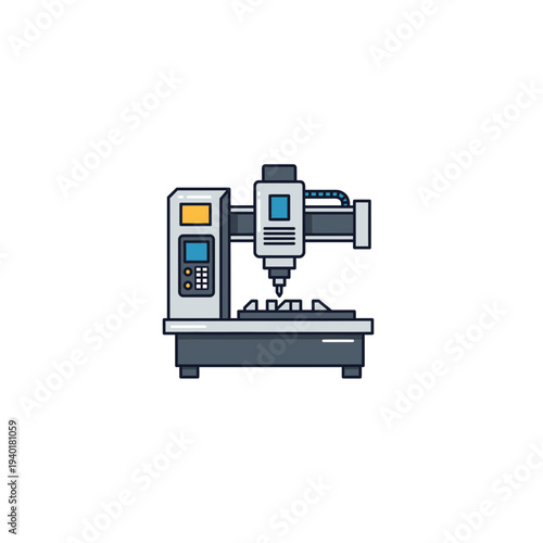 A detailed illustration of a computer numerical control milling machine with colorful interface