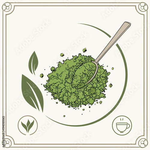 Matcha Green Tea Powder with Spoon and Leaves.