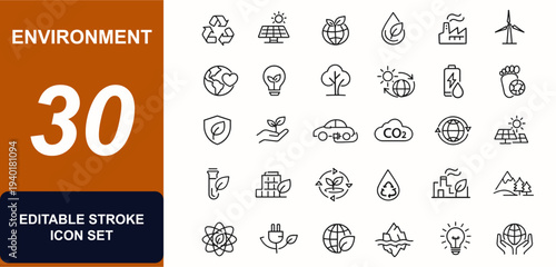 Environment-related symbols web icons in line style. Recycling, solar, ecosystem, planet, leaf, factory, climate, conservation. Editable stroke. Vector illustration.