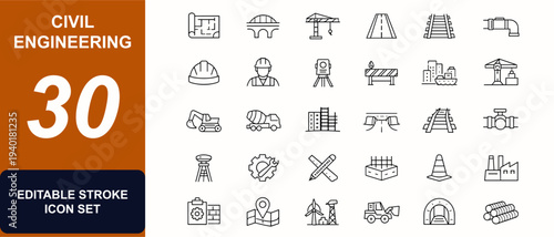 Civil engineering web icons in line style. Blueprint, bridge, crane, highway, railway, pipeline, contractor, infrastructure. Editable stroke. Vector illustration.