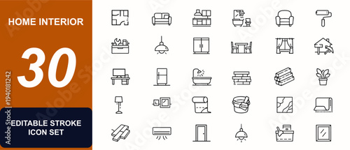 Home interior design web icons in line style. Furniture layout, blueprint plan, kitchen appliance, bathroom decor, armchair, renovation set. Editable stroke. Vector illustration.
