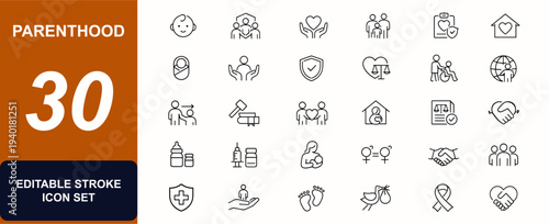 Parenthood web icons in line style. Child care, family protection, kid rights, adoption, newborn, vaccine bottle, breastfeeding, equality law. Editable stroke. Vector illustration.