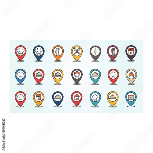 A collection of 25 colorful cartoon character icons in various colors and styles on a light blue background