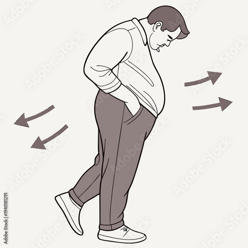 Overweight man walking with a stoop illustrating poor posture and health concerns.