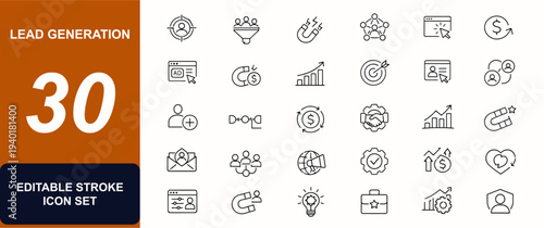 Lead generation web icons in line style. Customer acquisition, sales funnel, growth chart, campaign outreach, revenue magnet, client retention. Editable stroke. Vector illustration.