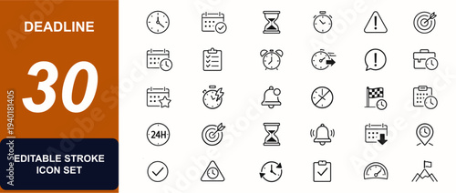 Deadline web icons in line style. Timer, calendar, hourglass, schedule, due date, task alert, office planner, countdown. Editable stroke. Vector illustration.