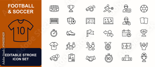 Football and soccer web icons in line style. Stadium, trophy, referee, player, coach, ball, league, whistle, strategy, goal. Editable stroke. Vector illustration.