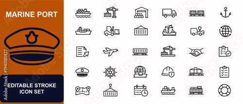 Marine port web icons in line style. Container ship, cargo crane, harbor freight, logistics transport, export import, warehouse, tanker safety. Editable stroke. Vector illustration.