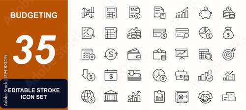 Budgeting web icons in line style. Cashflow chart, calculator, tax report, invoice, profit graph, savings coin, audit ledger. Editable stroke. Vector illustration.
