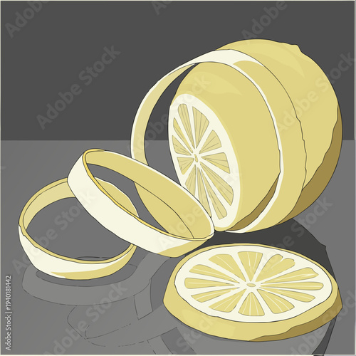 Peeled Lemon with Slices on a Dark Background.