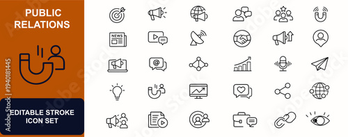 Public relations web icons in line style. Brand promotion, media campaign, megaphone announcement, journalist news, business outreach. Editable stroke. Vector illustration.