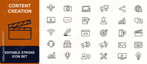 Digital content creation web icons in line style. Podcast, camera, blog, social marketing, writer, webpage. Editable stroke. Vector illustration.